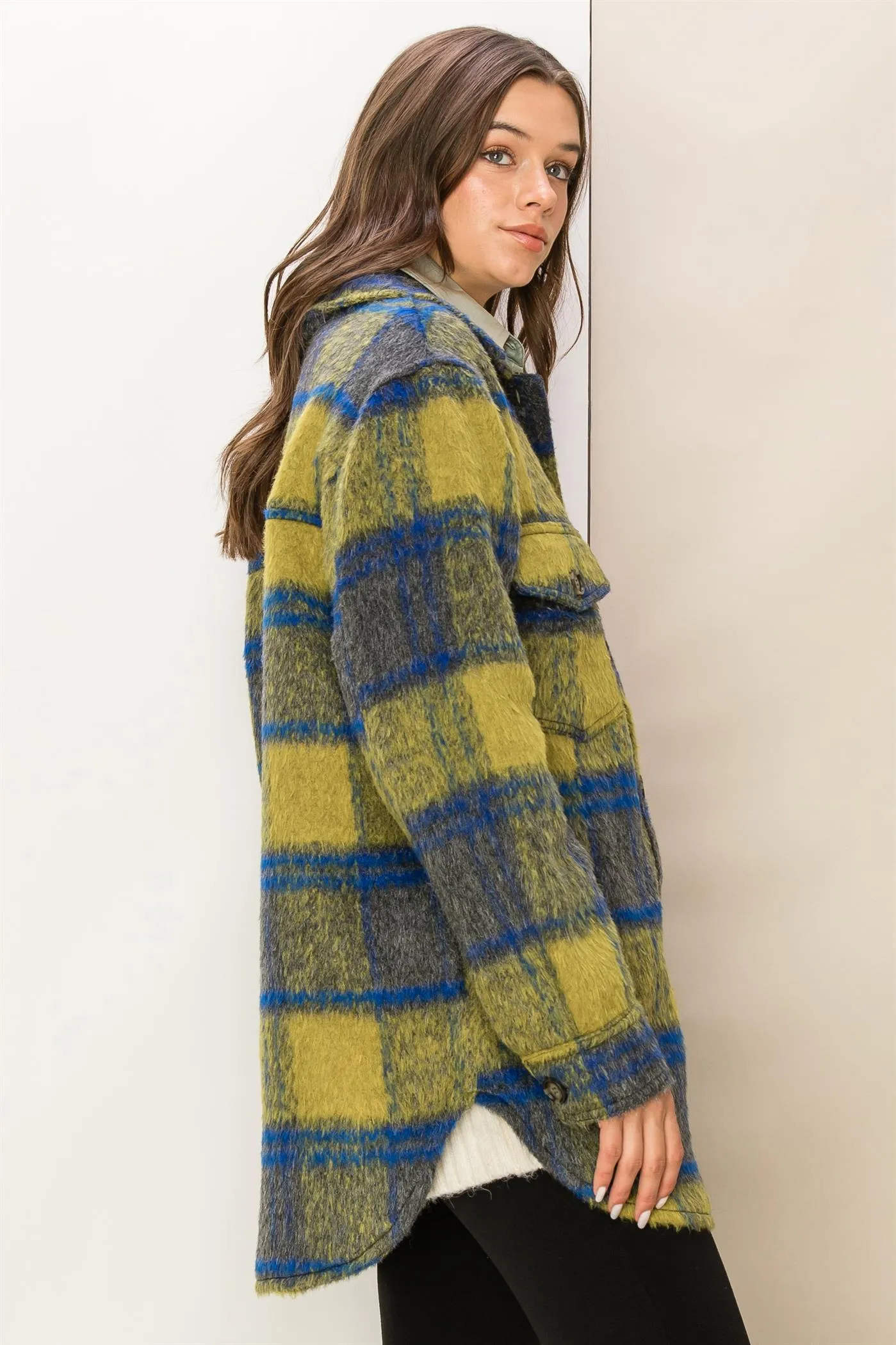 HF23G284-Fuzzy Mohair-like Plaid Shacket