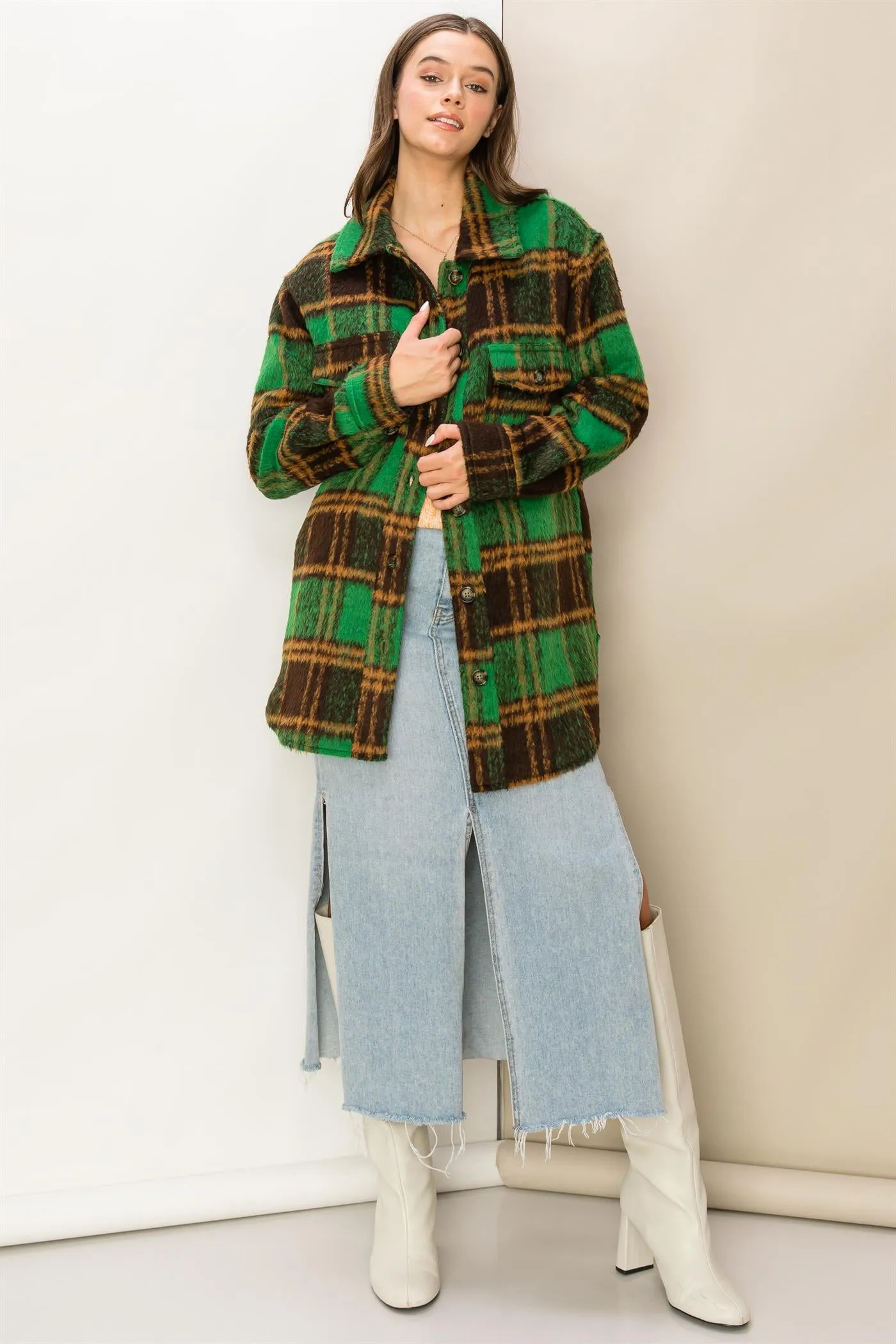 HF23G284-Fuzzy Mohair-like Plaid Shacket