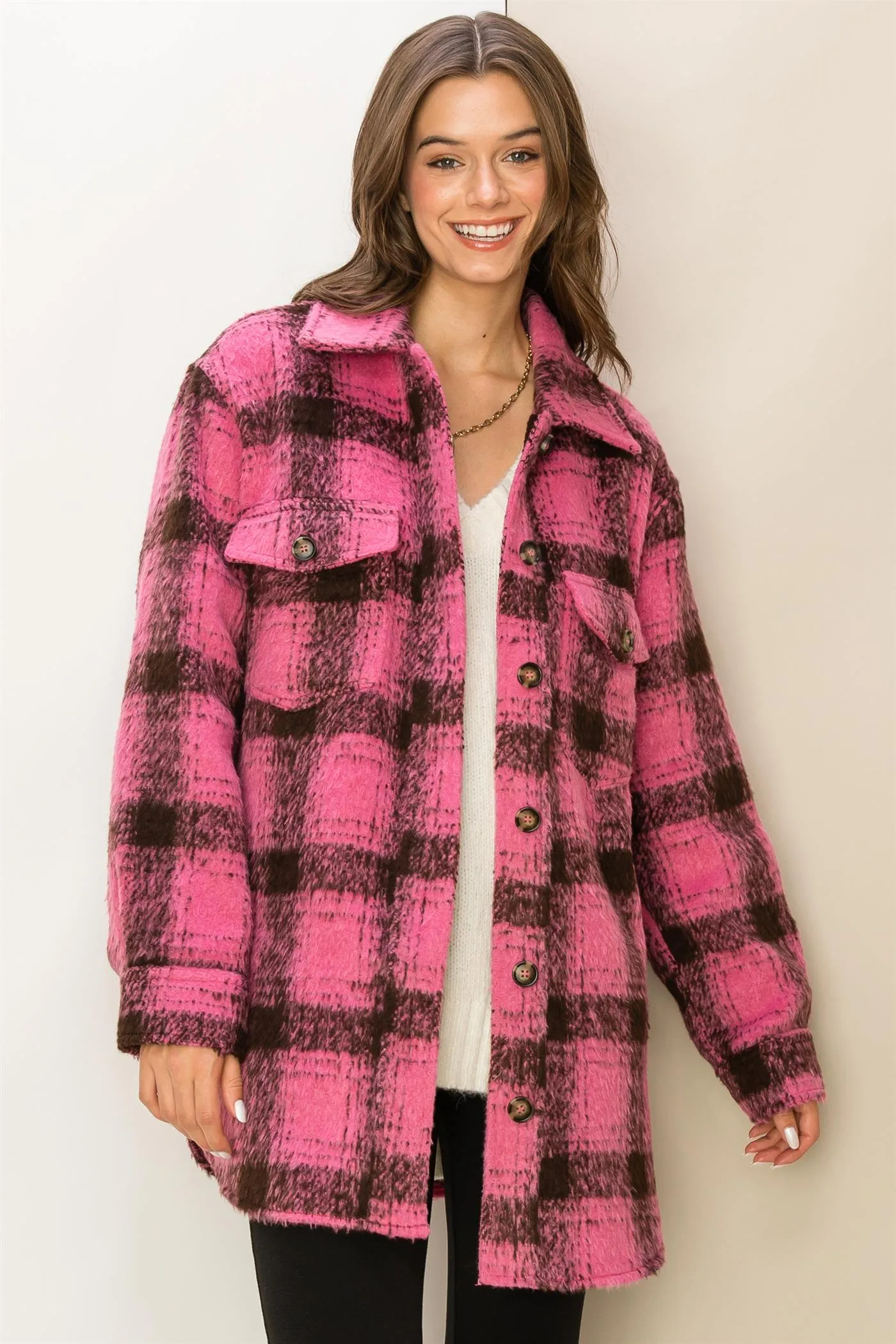 HF23G284-Fuzzy Mohair-like Plaid Shacket