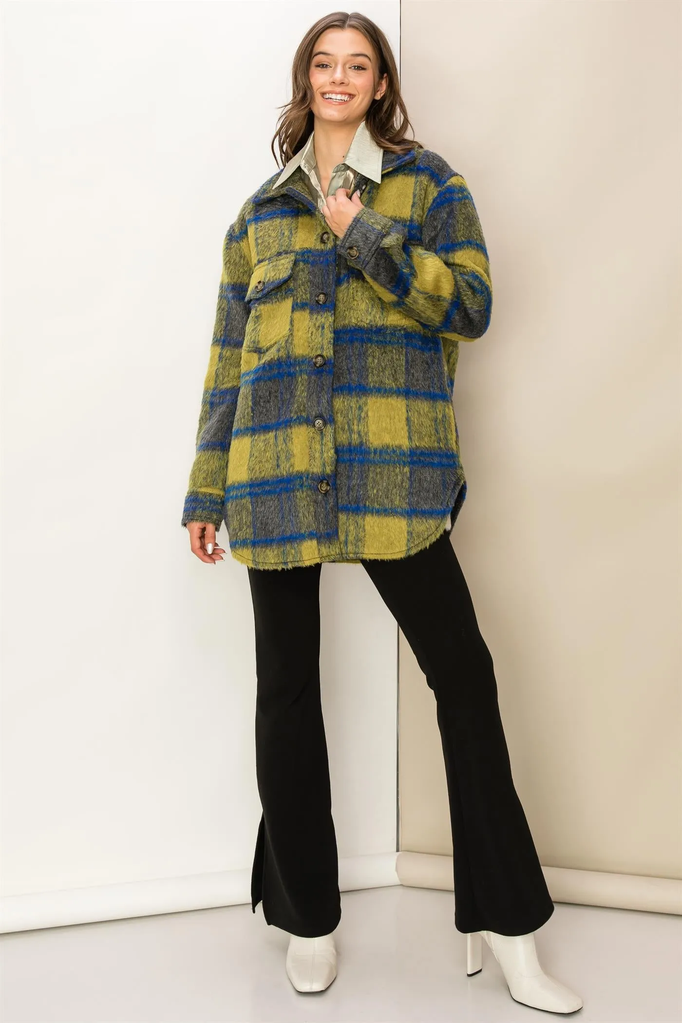 HF23G284-Fuzzy Mohair-like Plaid Shacket