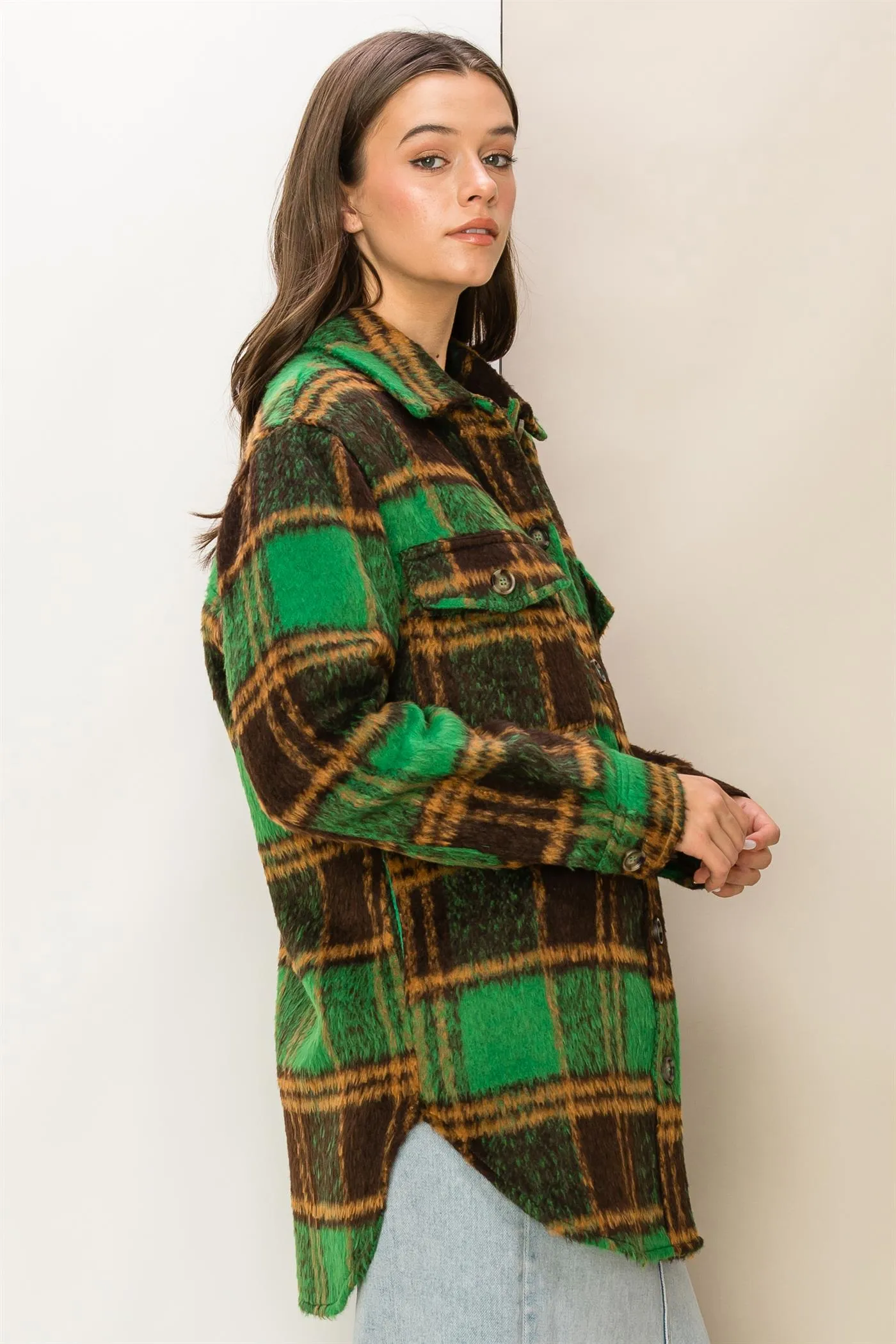 HF23G284-Fuzzy Mohair-like Plaid Shacket