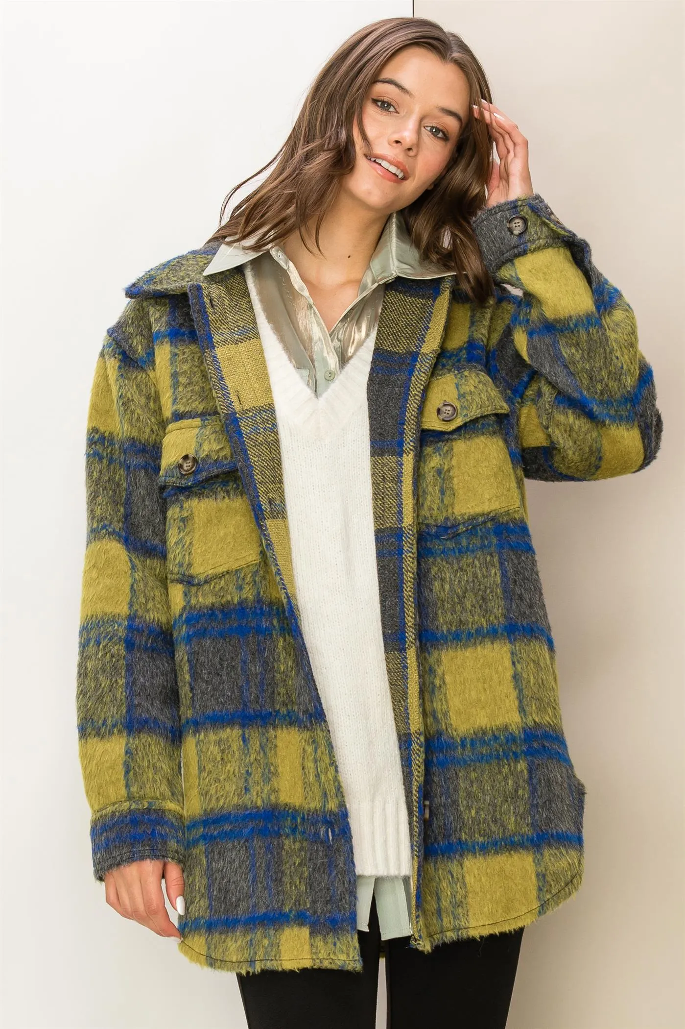 HF23G284-Fuzzy Mohair-like Plaid Shacket