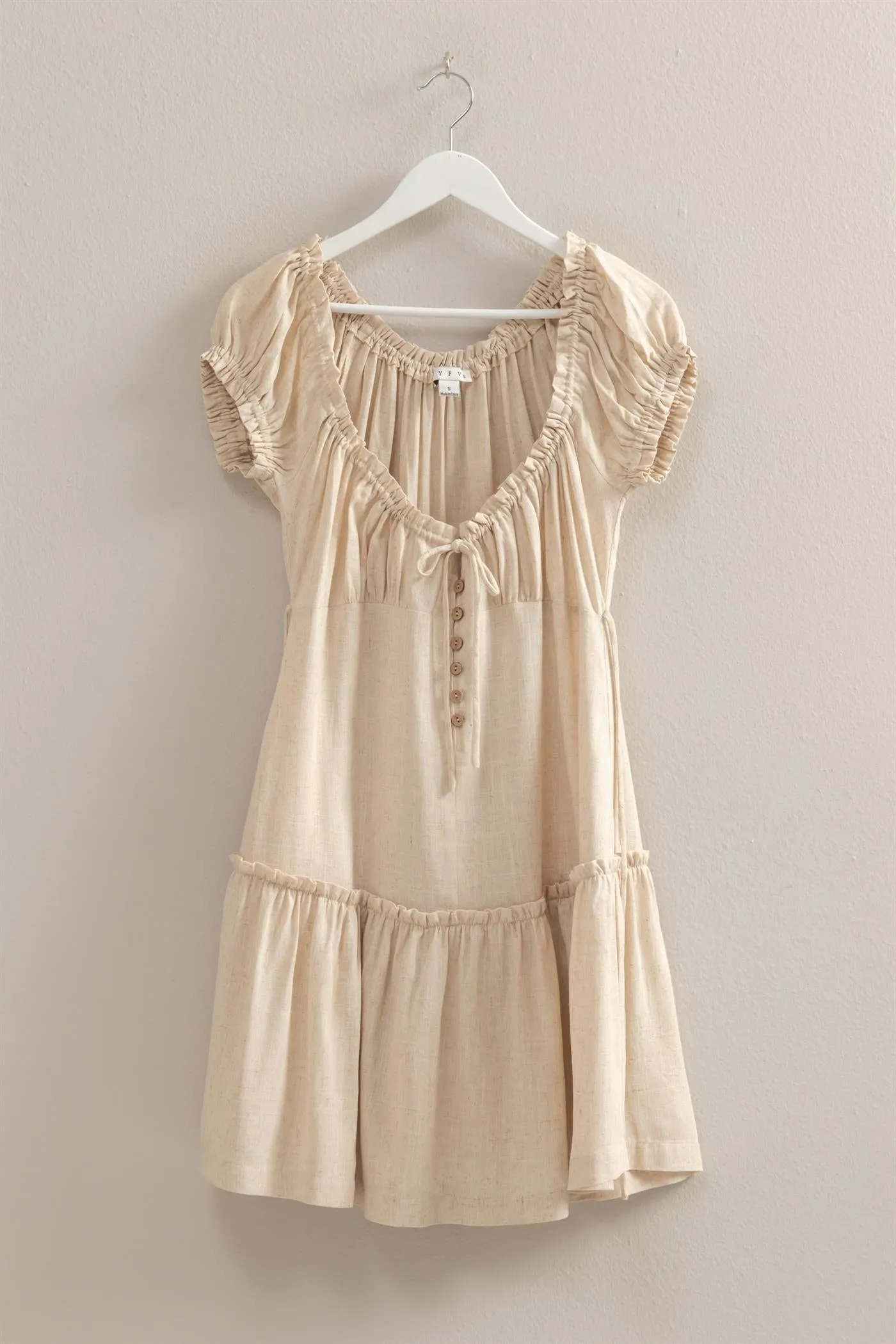 HF25C049-Ruched Short Sleeve Linen Mini Dress