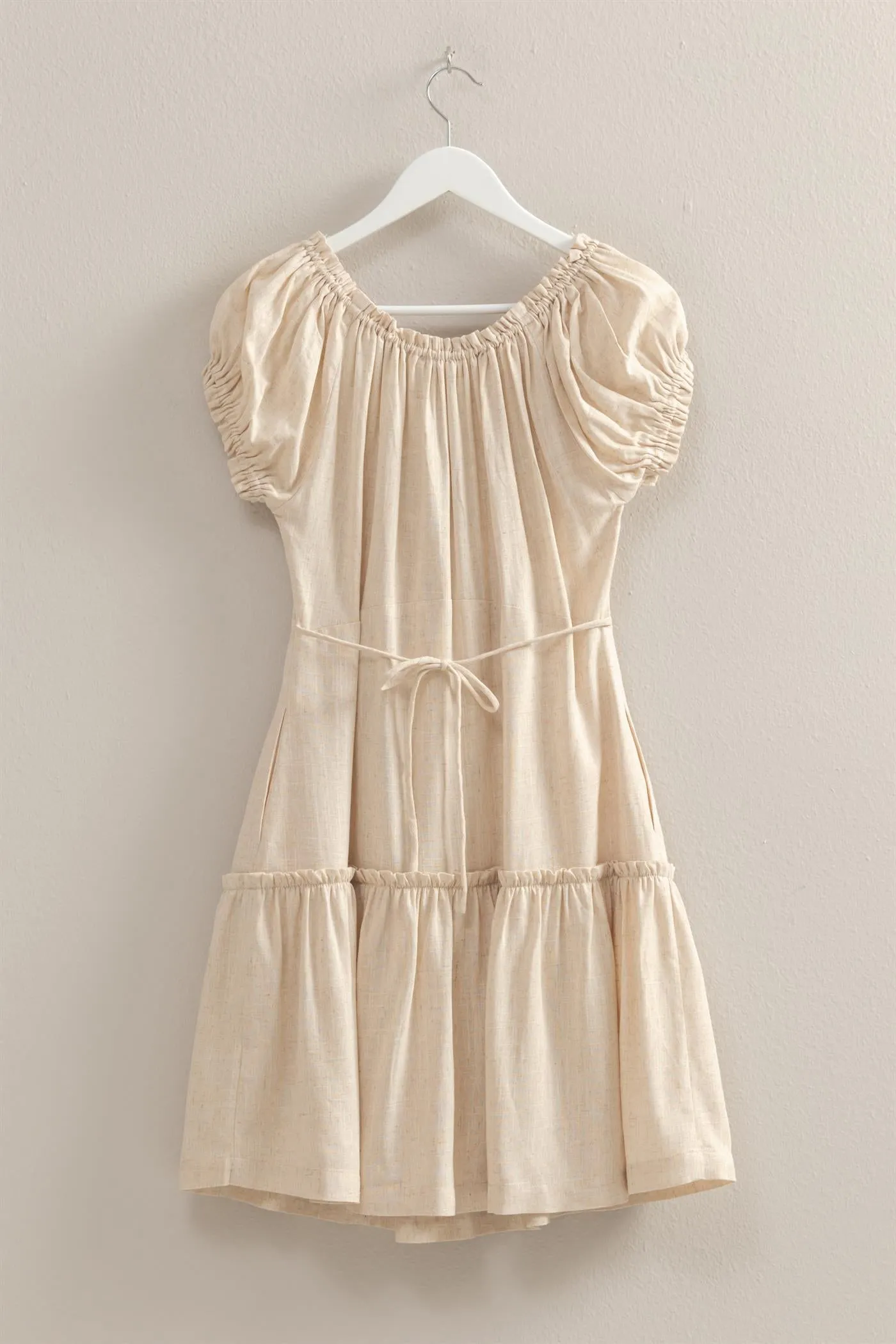 HF25C049-Ruched Short Sleeve Linen Mini Dress