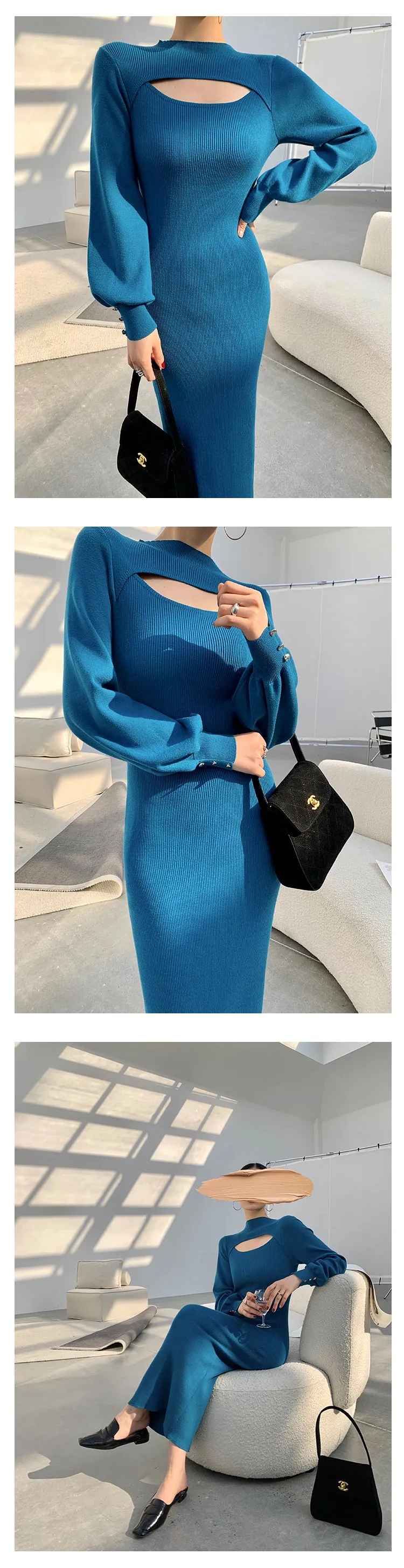 Hollow Lantern Sleeves Half Turtleneck midi knit sweater dress - keeasa blue