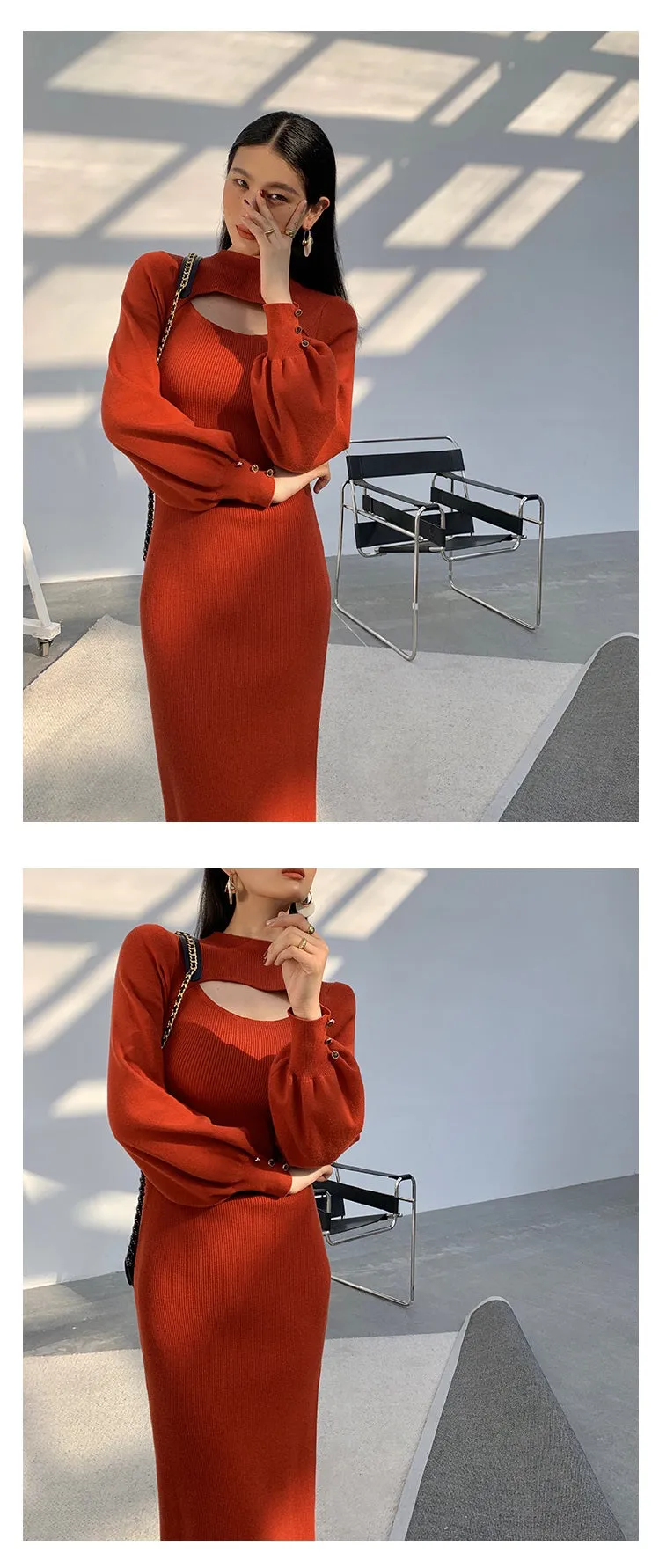 Hollow Lantern Sleeves Half Turtleneck midi knit sweater dress - keeasa red