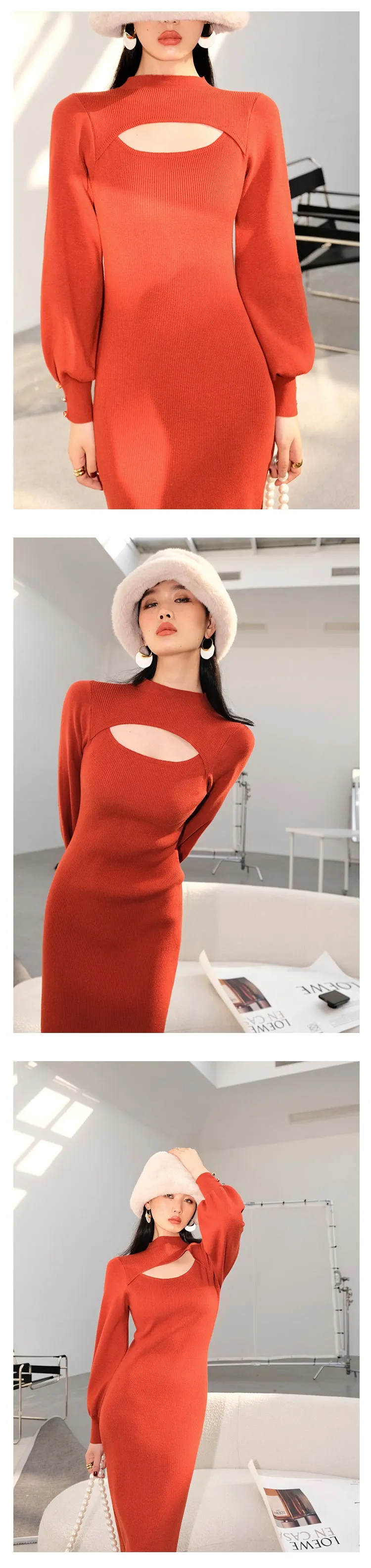 Hollow Lantern Sleeves Half Turtleneck midi knit sweater dress - keeasa red