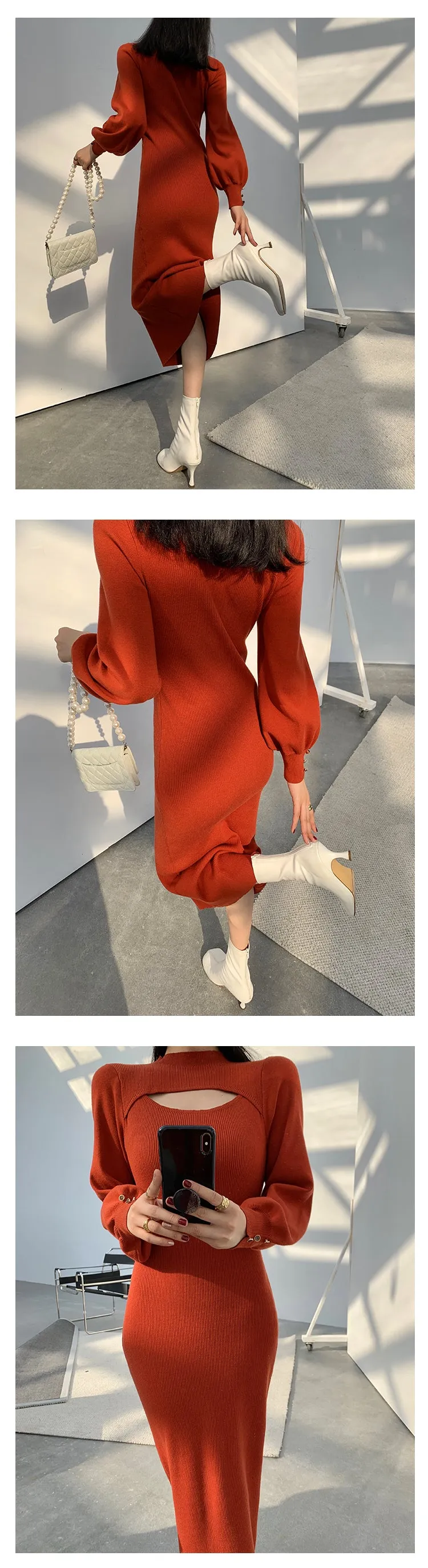 Hollow Lantern Sleeves Half Turtleneck midi knit sweater dress - keeasa red