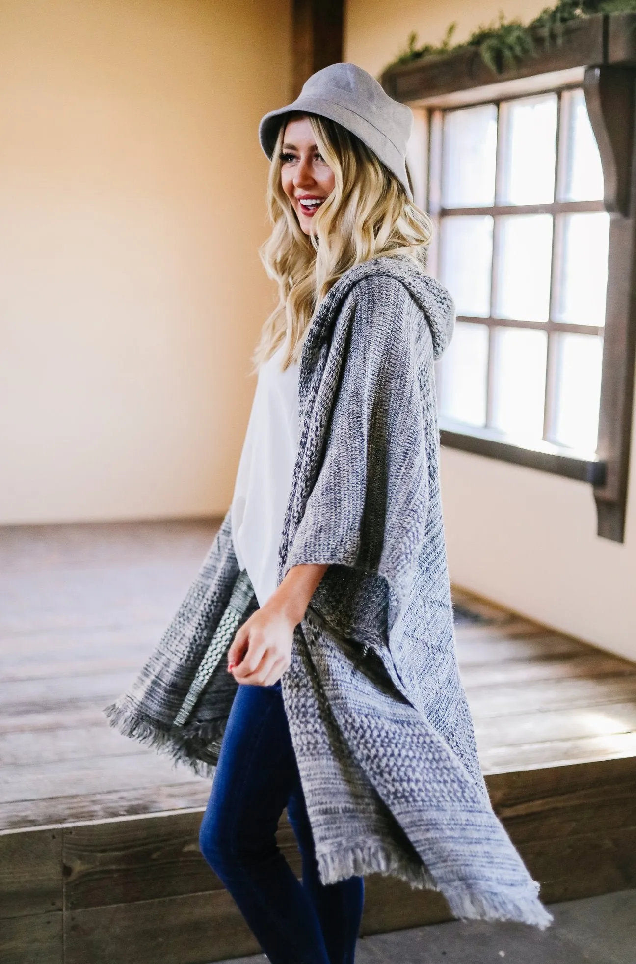 Hooded Sweater Poncho In Heather Coal