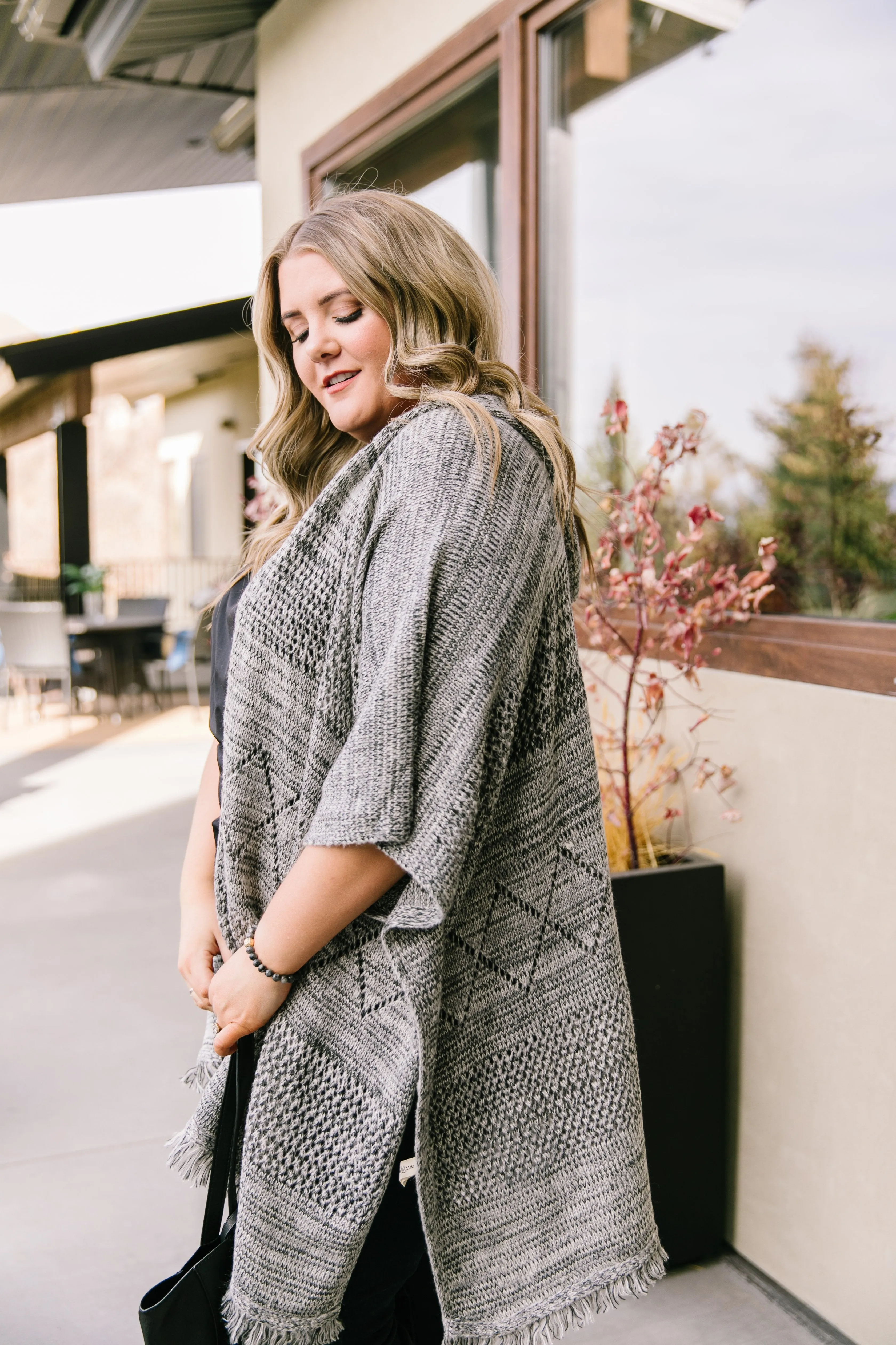 Hooded Sweater Poncho In Heather Coal