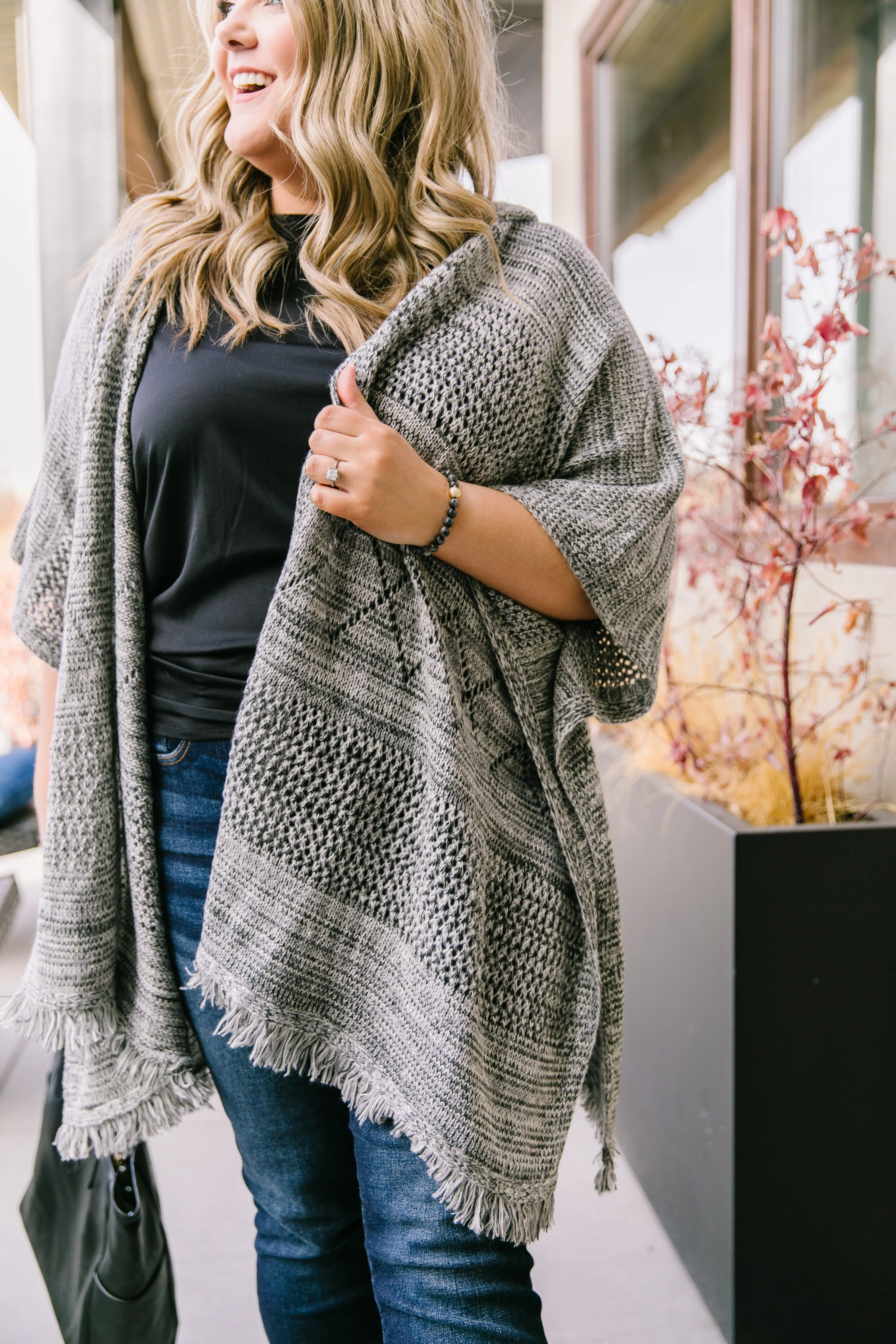 Hooded Sweater Poncho In Heather Coal