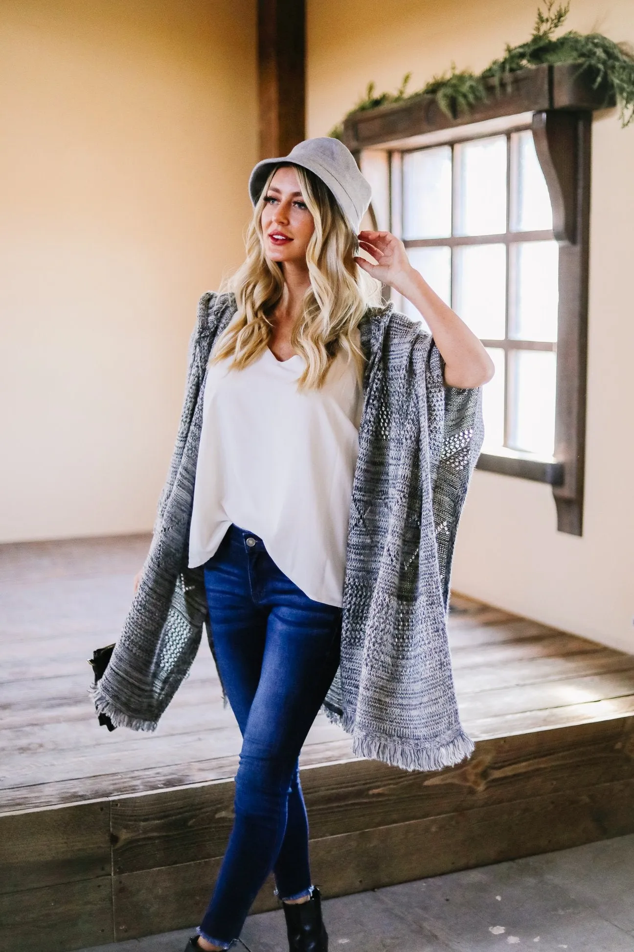 Hooded Sweater Poncho In Heather Coal