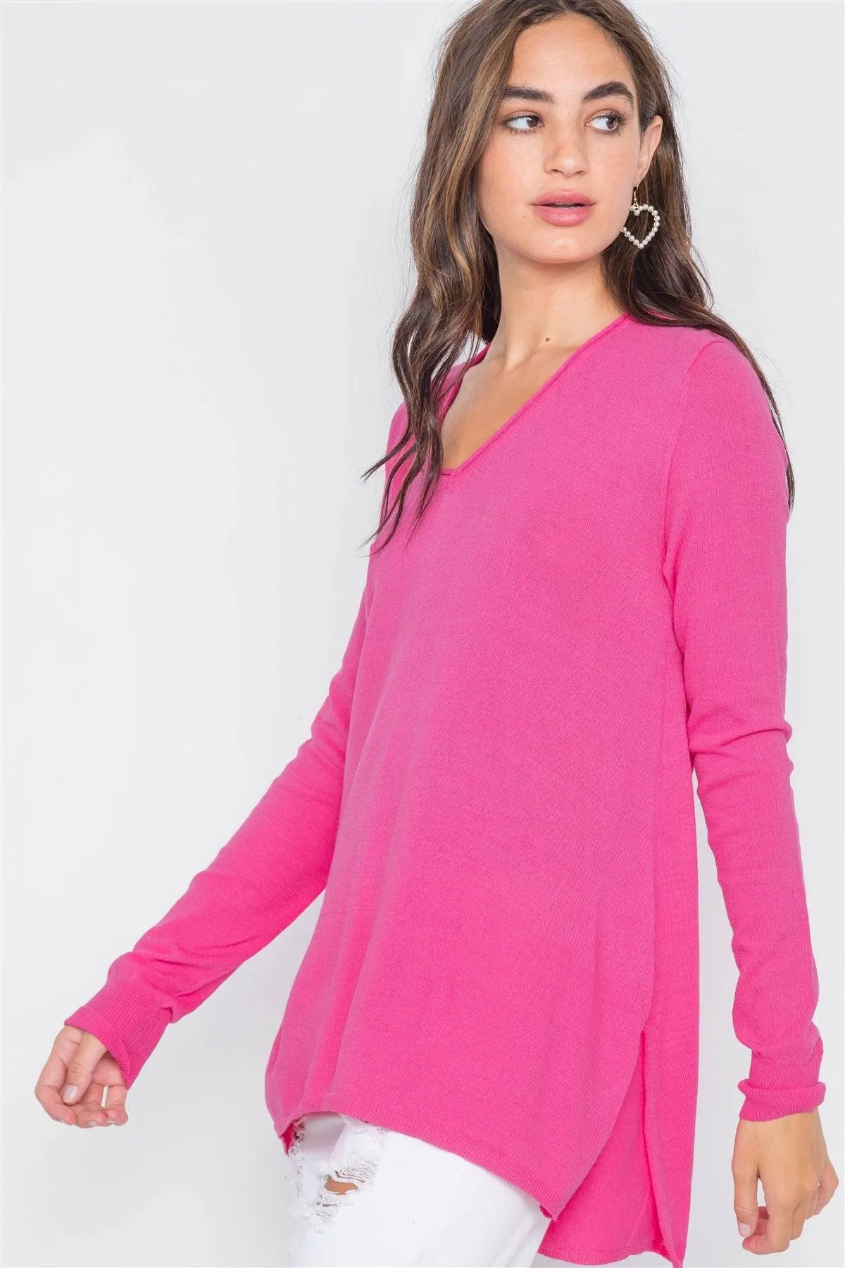 Hot Pink Knit V-Neck Casual Solid Long Sleeve Sweater