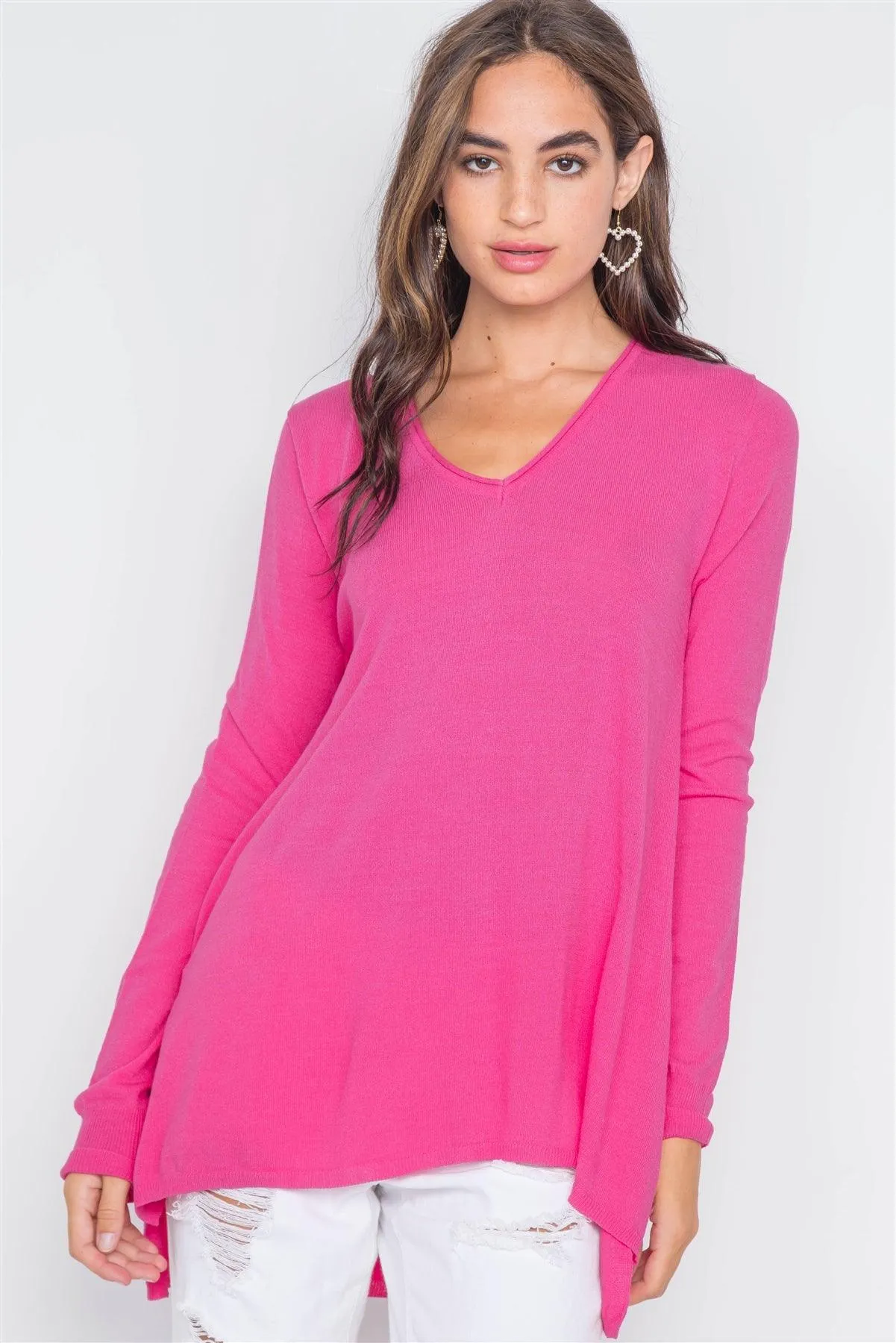 Hot Pink Knit V-Neck Casual Solid Long Sleeve Sweater