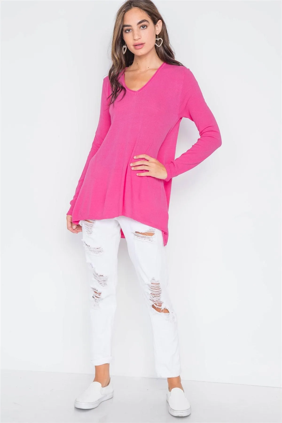 Hot Pink Knit V-Neck Casual Solid Long Sleeve Sweater