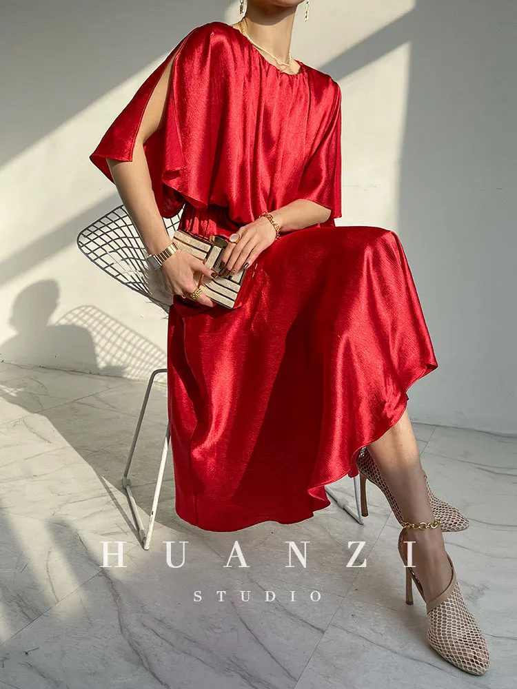 HUANZI custom designer acetic loose short-sleeved silky elegant dress -Leila Sea