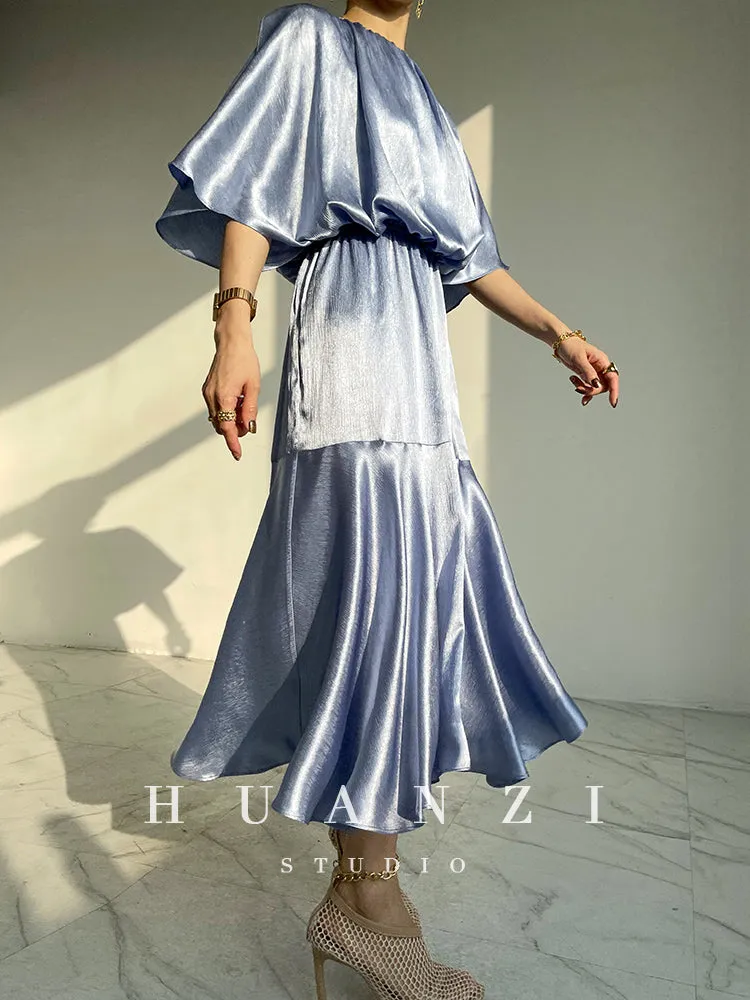 HUANZI custom designer acetic loose short-sleeved silky elegant dress -Leila Sea