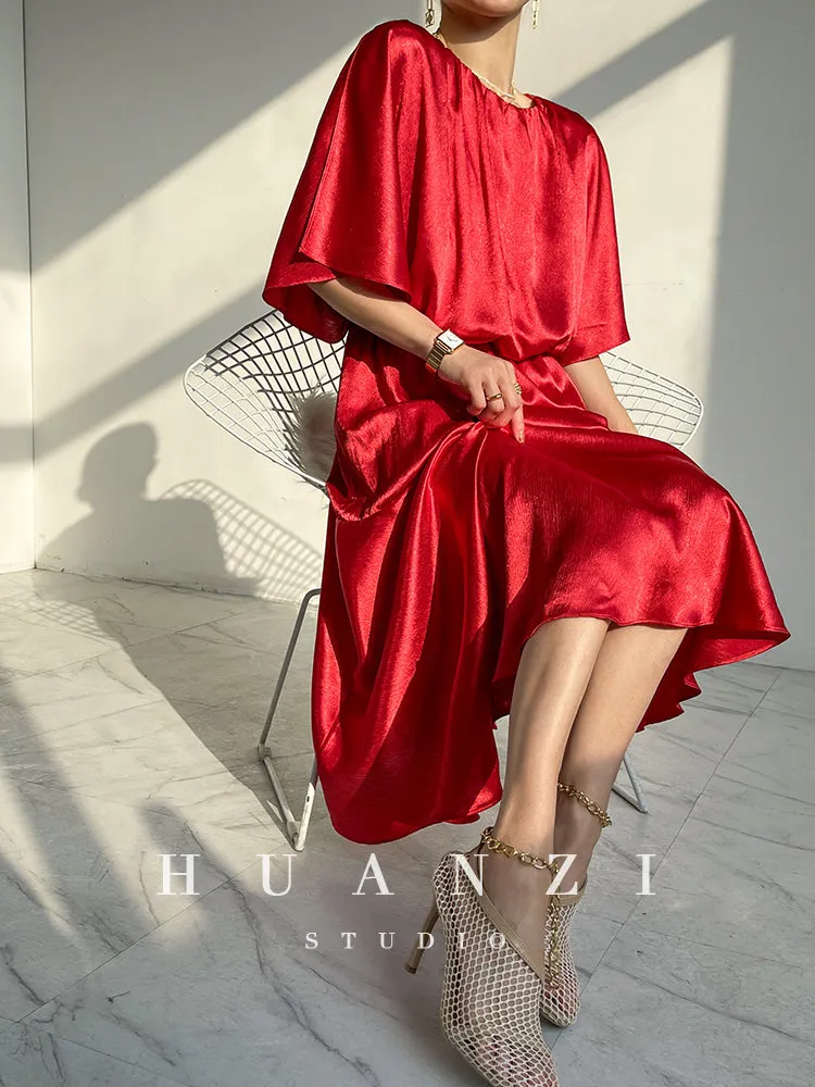 HUANZI custom designer acetic loose short-sleeved silky elegant dress -Leila Sea