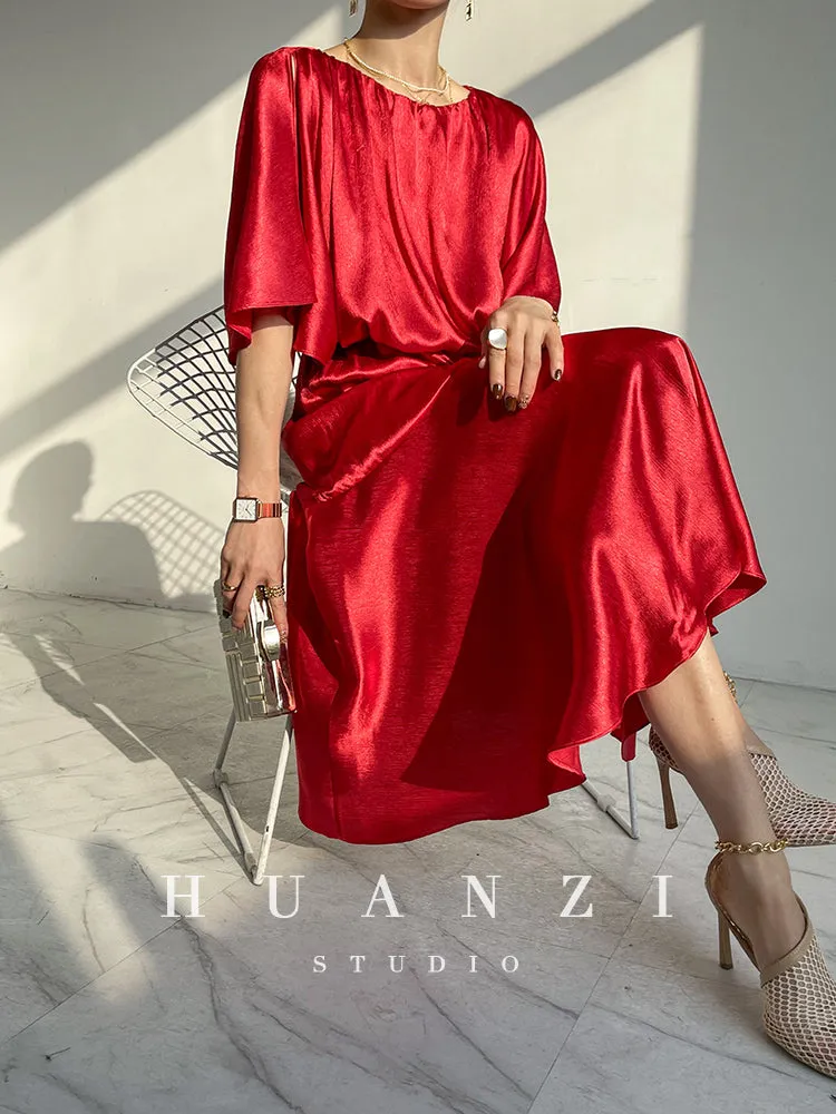 HUANZI custom designer acetic loose short-sleeved silky elegant dress -Leila Sea