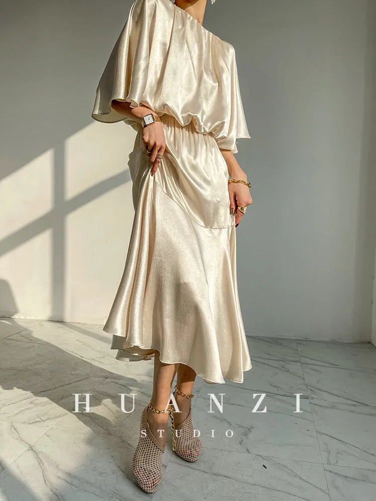 HUANZI custom designer acetic loose short-sleeved silky elegant dress -Leila Sea