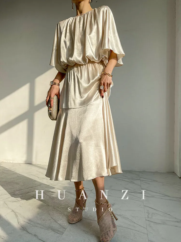 HUANZI custom designer acetic loose short-sleeved silky elegant dress -Leila Sea