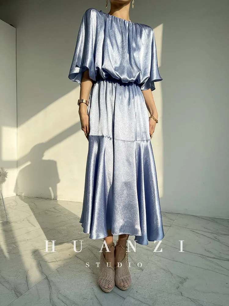 HUANZI custom designer acetic loose short-sleeved silky elegant dress -Leila Sea