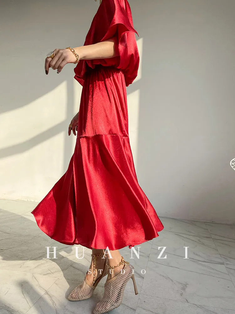 HUANZI custom designer acetic loose short-sleeved silky elegant dress -Leila Sea