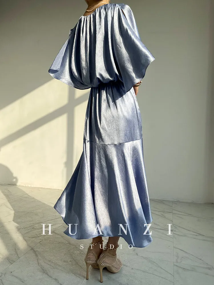 HUANZI custom designer acetic loose short-sleeved silky elegant dress -Leila Sea