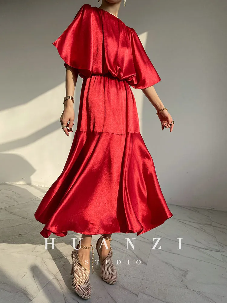 HUANZI custom designer acetic loose short-sleeved silky elegant dress -Leila Sea