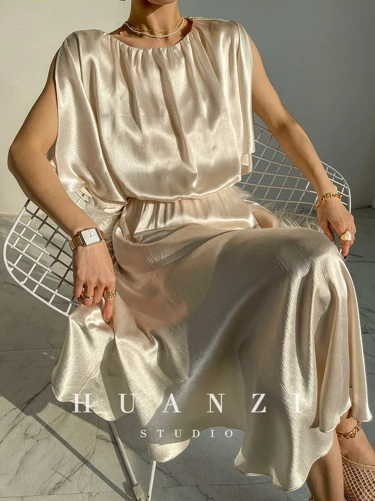 HUANZI custom designer acetic loose short-sleeved silky elegant dress -Leila Sea