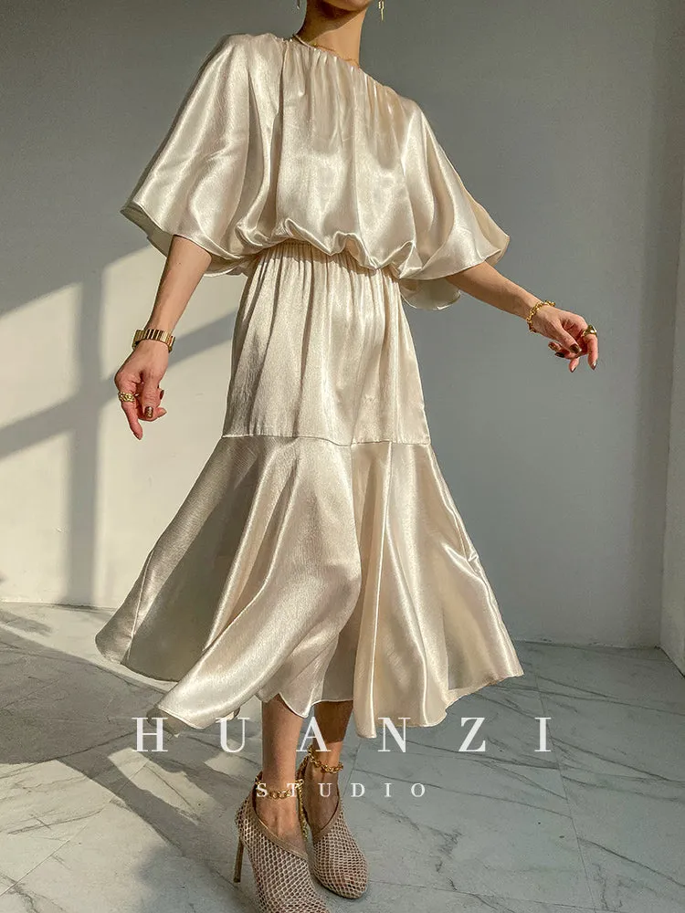 HUANZI custom designer acetic loose short-sleeved silky elegant dress -Leila Sea