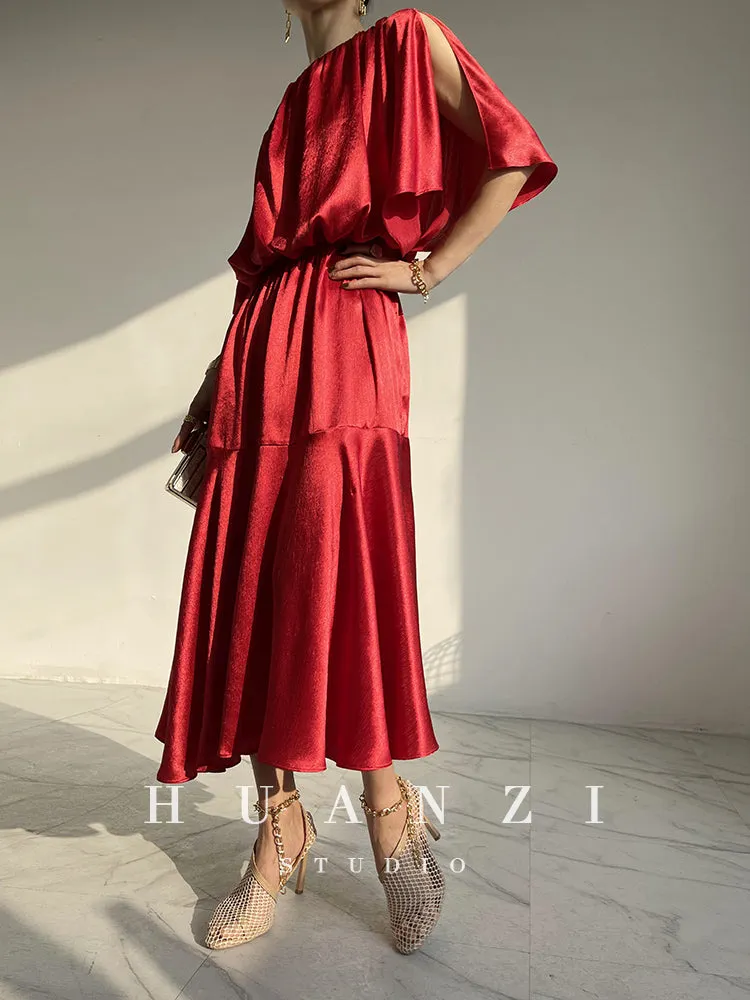 HUANZI custom designer acetic loose short-sleeved silky elegant dress -Leila Sea