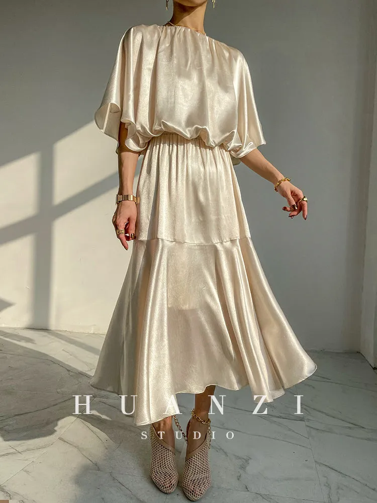 HUANZI custom designer acetic loose short-sleeved silky elegant dress -Leila Sea