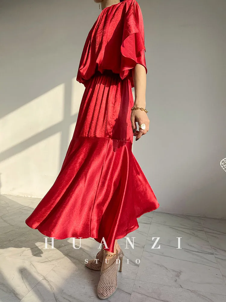 HUANZI custom designer acetic loose short-sleeved silky elegant dress -Leila Sea