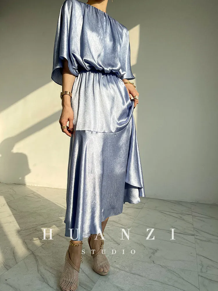 HUANZI custom designer acetic loose short-sleeved silky elegant dress -Leila Sea