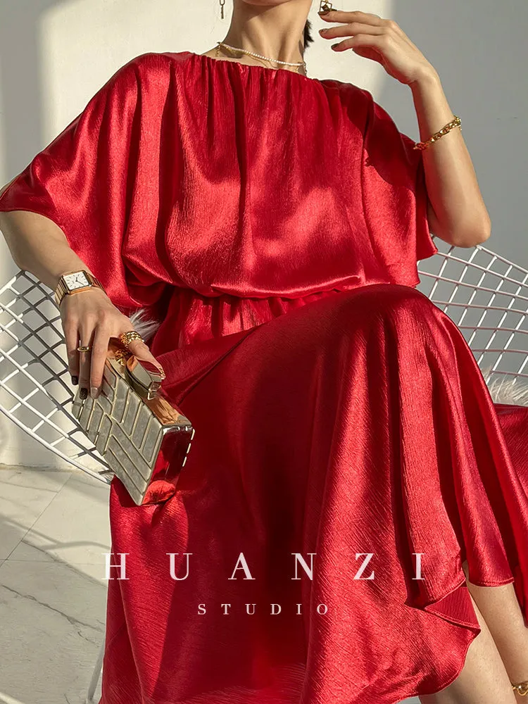 HUANZI custom designer acetic loose short-sleeved silky elegant dress -Leila Sea