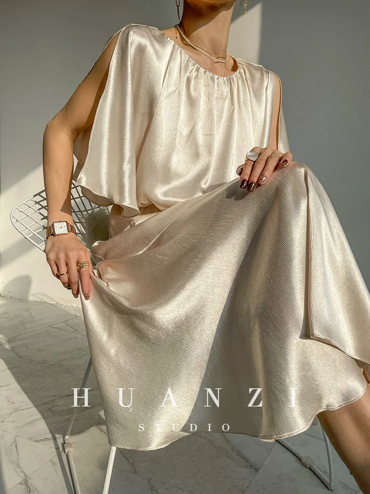 HUANZI custom designer acetic loose short-sleeved silky elegant dress -Leila Sea