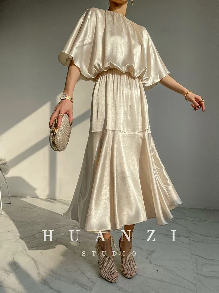 HUANZI custom designer acetic loose short-sleeved silky elegant dress -Leila Sea