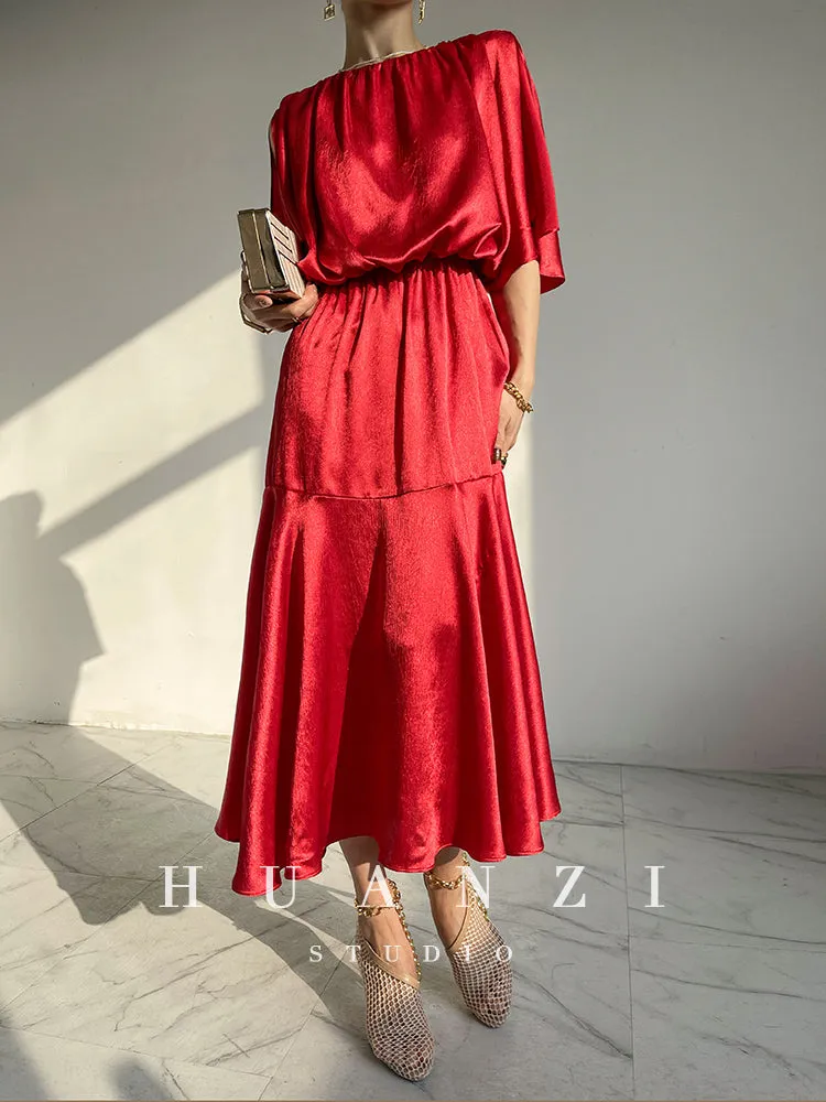 HUANZI custom designer acetic loose short-sleeved silky elegant dress -Leila Sea