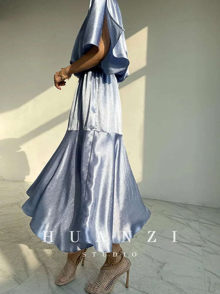 HUANZI custom designer acetic loose short-sleeved silky elegant dress -Leila Sea