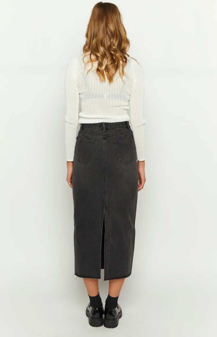 Isla Washed Black Denim Midi Skirt