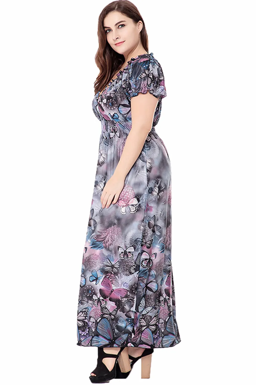 Ketty More Women V-Neck Short Sleeve Printed Long Skirt Dress-KMWD119