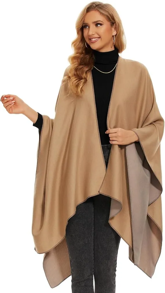 Khaki-Gray Soft Knit Wrap Poncho Style Cardigan