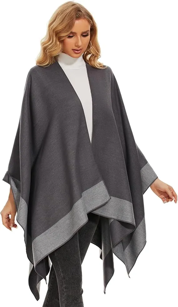 Khaki-Gray Soft Knit Wrap Poncho Style Cardigan