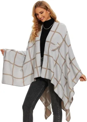 Khaki-Gray Soft Knit Wrap Poncho Style Cardigan