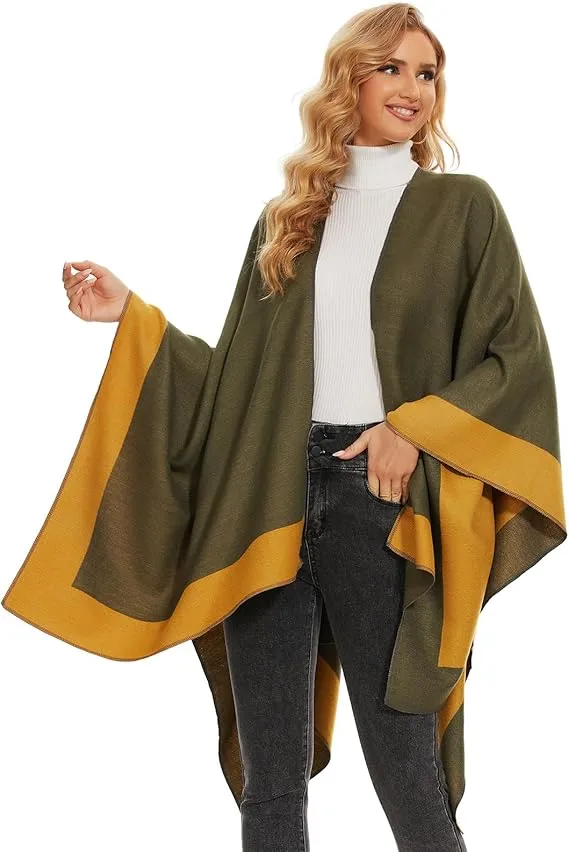 Khaki-Gray Soft Knit Wrap Poncho Style Cardigan