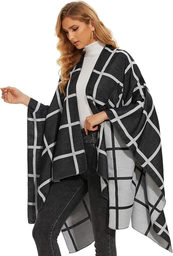 Khaki-Gray Soft Knit Wrap Poncho Style Cardigan