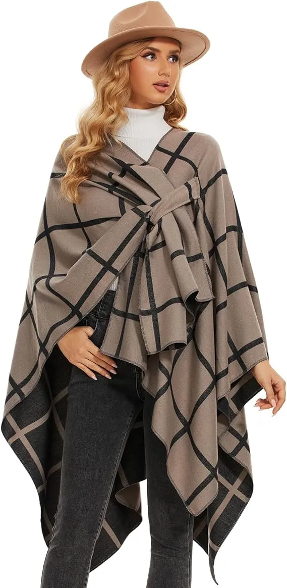 Khaki-Gray Soft Knit Wrap Poncho Style Cardigan