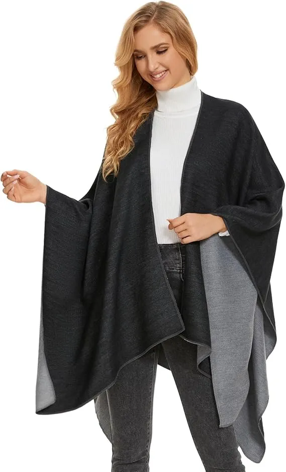 Khaki-Gray Soft Knit Wrap Poncho Style Cardigan