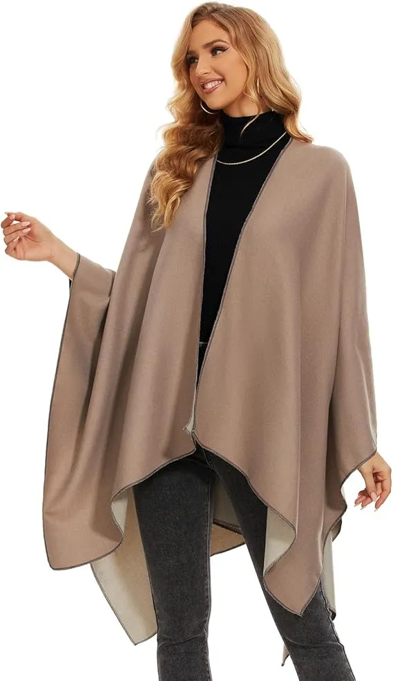 Khaki-Gray Soft Knit Wrap Poncho Style Cardigan